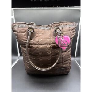 Roxy Quilted Tote Bag Brown Heart Logo Pattern Shoulder Bag Surf Style Casual
